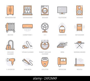 Set di icone della linea di elettrodomestici. Lavatrice, aspirapolvere robot umidificatore, ferro arricciacapelli illustrazione vettoriale minima. Semplici segni di contorno Illustrazione Vettoriale