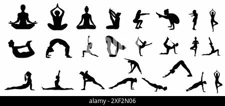 Lo yoga pone l'allenamento e gli esercizi delle donne, lo yoga e l'illustrazione del vettore di fitness. Yoga o meditazione sul bianco. Illustrazione Vettoriale