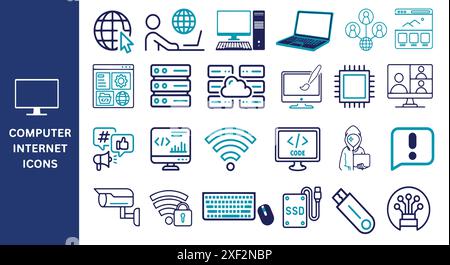 Set di icone Internet del computer. Online, computer, rete, sito web, progettazione web, raccolta dati, server, software, hardware e programmazione. Illustrazione Vettoriale