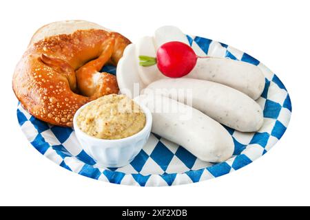 Salsicce bavaresi, pretzel di senape, isolato su sfondo bianco Foto Stock