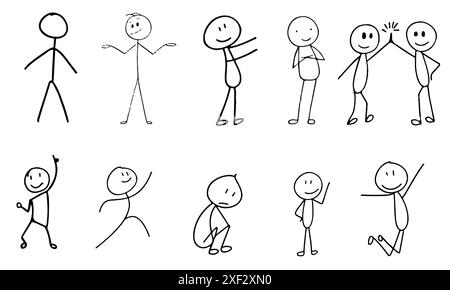 Set di figure uomo che disegnano, Stick figure diverse sul bianco. Illustrazione Vettoriale