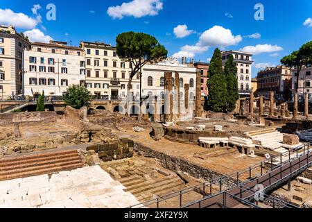 Largo di Torre Argentina costruito su un'importante area archeologica di epoca romana, oggi la più antica colonia di gatti della città, a Roma, Italia. Foto Stock