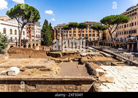 Largo di Torre Argentina costruito su un'importante area archeologica di epoca romana, oggi la più antica colonia di gatti della città, a Roma, Italia. Foto Stock