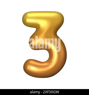 Numero 3 - pallone in plastica dorata numero tre isolato su sfondo bianco. Illustrazione vettoriale stile 3D. Illustrazione Vettoriale
