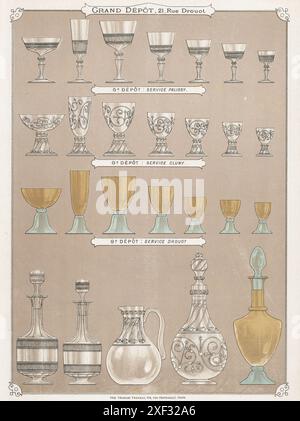 Vetreria: Servizi di occhiali da tavolo in stile Palissy, Cluny e Drouot bicolore. Bicchieri da vino e acqua, ciotole, brocche di olio e aceto, decanter. Chromolithograph di Charles Verneau da la Ceramique moderne par la Grand Depot di Emile Bourgeois, Modern Ceramics by the Grand Depot, 21 rue Drouot, Parigi, 1882. Foto Stock