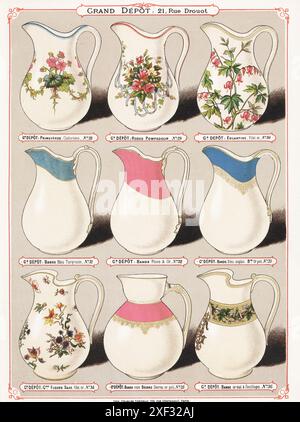 Brocche d'acqua in porcellana decorate. I disegni includono Primeveres, Roses Pompadour, Eglantine, banda, Fleurs Saxe, ecc.. Chromolithograph di Charles Verneau da la Ceramique moderne par la Grand Depot di Emile Bourgeois, Modern Ceramics by the Grand Depot, 21 rue Drouot, Parigi, 1882. Foto Stock
