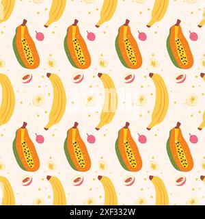 Banana, papaya e lychee ripetono lo schema. Fondo di frutta tropicale senza cuciture. Illustrazione vettoriale disegnata a mano. Illustrazione Vettoriale