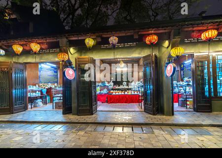 Vista notturna della luce nell'antica città di Hoa Lu era l'antica capitale del vietnam, oggi conserva il vecchio stile di Ninh Binh, Vietnam. Foto Stock