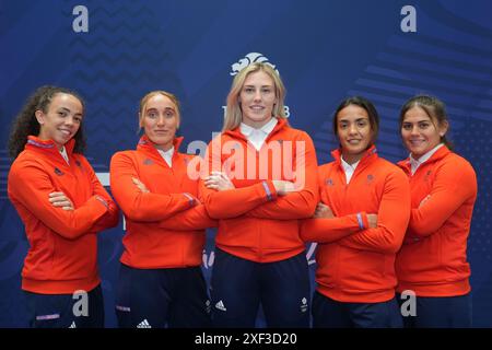 Team GB Olympic judo team (da sinistra a destra) Chelsie Giles, Lucy Renshall, Emma Reid, Jemima Yeats Brown e Lele Nairne durante una sessione di allenamento Team GB per le Olimpiadi di Parigi 2024 presso il Birmingham National Exhibition Centre. Data foto: Domenica 30 giugno 2024. Foto Stock