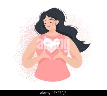 Concetto a cuore aperto. La donna felice tiene le mani a cuore sentiti grato e grato. Illustrazione vettoriale in stile piatto Illustrazione Vettoriale