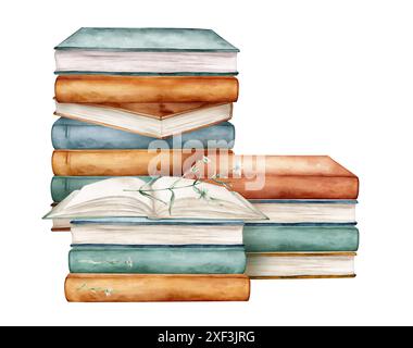Set di libri con piante e fiori bianchi illustrazione acquerello isolata su sfondo bianco. Aprire e impilare libri di colori marrone/verde Foto Stock