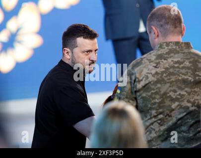 KIEV, UCRAINA - 29 GIUGNO 2024 - il presidente dell'Ucraina Volodymyr Zelenskyy partecipa alla colazione nazionale di preghiera a Kiev, capitale dell'Ucraina. Foto Stock