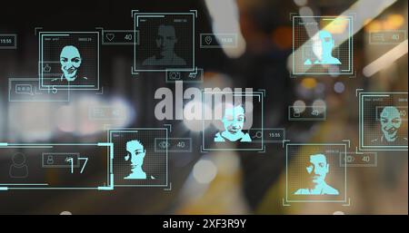 Immagine di foto biometriche ed elaborazione dei dati su traffico stradale fuori fuoco Foto Stock