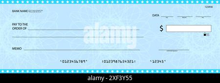 Modello di assegno con segni d'acqua. Vettore di assegni e buoni, assegno in contanti, libretto di assegni in bianco, pagamento aziendale, buono bancario, conto personale o in entrata Illustrazione Vettoriale