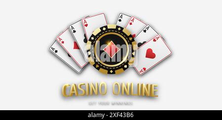 Casinò online. Gettone da gioco con diamanti completi. Poker o casinò concettuali. Giocando realisticamente chip coin e giocando a carte ACE di tutti i seme. Banner per Illustrazione Vettoriale