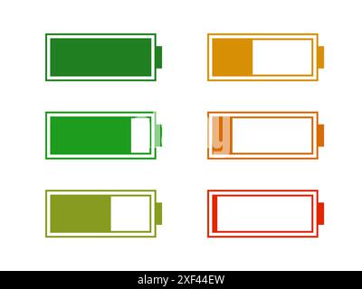 Set di icone livello energia batteria. Batterie completamente piene e completamente scariche. Concetto di riutilizzo dell'energia. Etichette alcaline. Punto di ricarica della batteria, ricarica Illustrazione Vettoriale