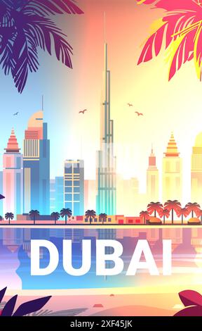 Skyline di Dubai con le iconiche palme tropicali del Burj Khalifa che riflettono il tramonto su un paesaggio urbano moderno, colori vivaci, sfondo del concetto di viaggio Illustrazione Vettoriale