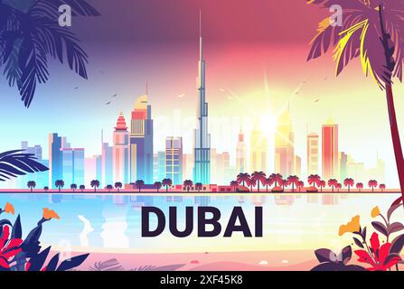 Skyline della città di Dubai al tramonto con palme e spiaggia in grattacieli colorati in primo piano e Burj Khalifa che si riflette in vibranti piante tropicali acquatiche Illustrazione Vettoriale