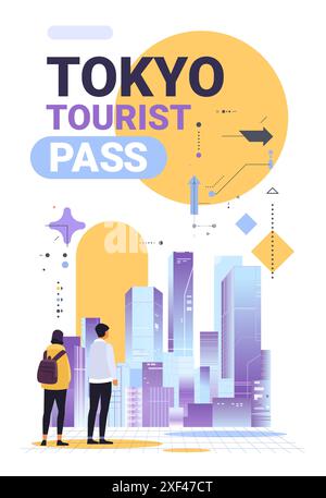 Skyline di Tokyo con due edifici moderni di forma astratta e sole giallo Illustrazione Vettoriale