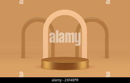 supporto 3d neutro podio dorato con sfondo ad arco realistico con immagini vettoriali. Piedistallo cilindro di lusso beige, elegante rendering geometrico Illustrazione Vettoriale