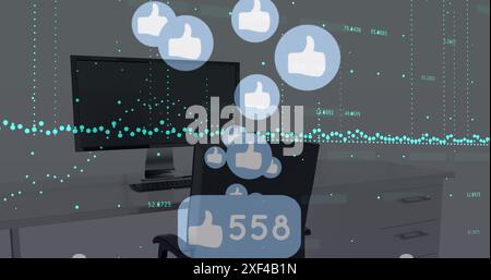 Immagine della modifica di numeri e icone, grafici, sedia e desktop su sfondo bianco Foto Stock