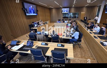 Namur, Belgio. 1 luglio 2024. Jean-Paul Wahl e il ministro vallone per l’ambiente, la natura, il benessere degli animali e il rinnovamento rurale Celine Tellier, nella foto, durante una sessione della Commissione per l’ambiente, la natura e il benessere degli animali presso il Parlamento vallone, a Namur, lunedì 1 luglio 2024. La Commissione discuterà i risultati degli esami del sangue effettuati in seguito a un possibile inquinamento idrico con PFAS chimico permanente nelle regioni di Chievres e Ronquiÿres. BELGA PHOTO ERIC LALMAND credito: Belga News Agency/Alamy Live News Foto Stock