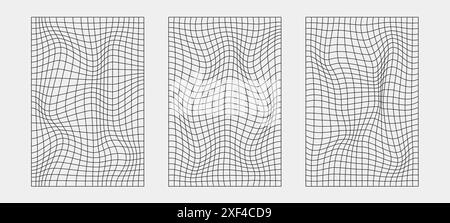 Wireframe astratti, elementi cyberpunk e griglie e sfere nere prospettiche. Set futuristico dal design geometrico surreale. Forme y2k psichedeliche. Rave Illustrazione Vettoriale