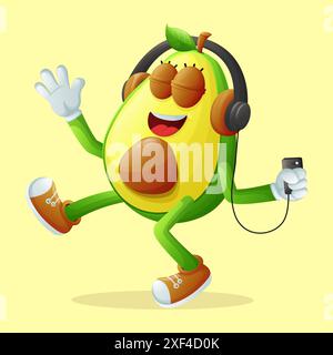 Simpatico personaggio di avocado che ascolta la musica. Perfetto per bambini, merchandising e adesivi, promozioni banner o blog Illustrazione Vettoriale