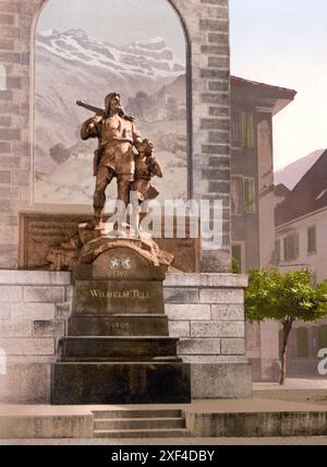 Altdorf, Wilhelm racconta a Denkmal, Vierwaldstaettersee, Schweiz / , William Tell's Memorial, Lago di Lucerna, Svizzera, Historisch, digital restaurierte Foto Stock