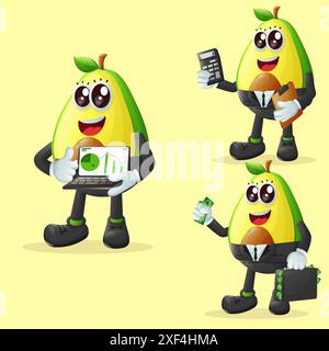 Set di simpatici personaggi avocado in finanza. Perfetto per bambini, merchandising e adesivi, promozioni banner o blog Illustrazione Vettoriale