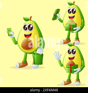 Set di simpatici personaggi avocado che ricevono regali. Perfetto per bambini, merchandising e adesivi, promozioni banner o blog Illustrazione Vettoriale