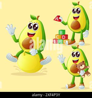 Set di simpatici personaggi avocado che giocano con giocattoli per bambini. Perfetto per bambini, merchandising e adesivi, promozioni banner o blog Illustrazione Vettoriale
