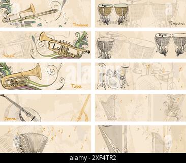 strumenti musicali disegnati a mano su uno sfondo chiaro Illustrazione Vettoriale