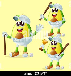 Serie di simpatici personaggi avocado che giocano a baseball. Perfetto per bambini, merchandising e adesivi, promozioni banner o blog Illustrazione Vettoriale