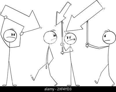 Squadra arrabbiata o folla con frecce che puntano a un'altra persona, personaggio vettoriale a bastone o illustrazione del personaggio. Illustrazione Vettoriale