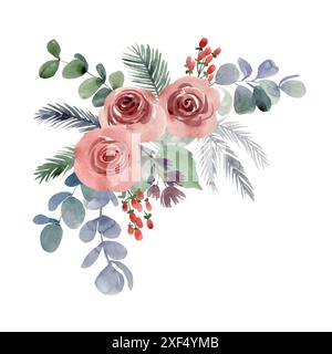 Bouquet di natale Vector Watercolor con rose. Isolato su sfondo bianco. Illustrazione Vettoriale