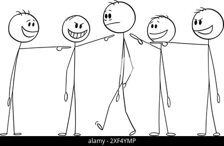 Il team o la folla prendono in giro e puntano un'altra persona, una figura vettoriale a bastone o un'illustrazione del personaggio. Illustrazione Vettoriale