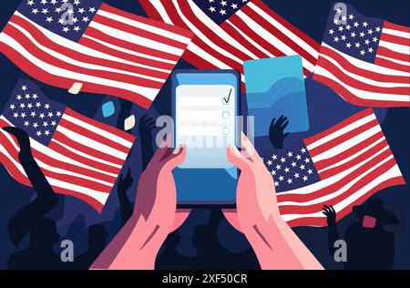 Il concetto di voto mobile per le elezioni presidenziali DEGLI STATI UNITI tiene in mano lo smartphone con opzioni di voto di fronte alle bandiere americane e al tifo della folla Illustrazione Vettoriale