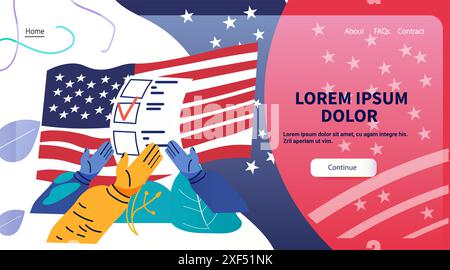 Il concetto di voto per le elezioni presidenziali DEGLI STATI UNITI mette le mani sul design del sito web di sfondo della bandiera americana Illustrazione Vettoriale