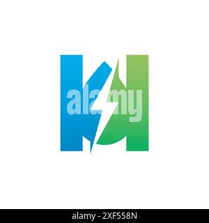 Lettera H iniziale con logo thunderbolt. Lettera iniziale H logo Hydro con icona goccia d'acqua a spazio negativo e design thunderbolt Illustrazione Vettoriale