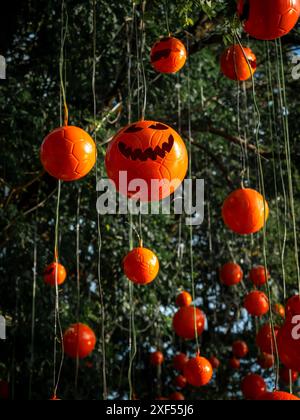 Decorazione della testa di zucca di Halloween Jack o Lanterna con il volto spaventoso e divertente appeso con corde decorate su un grande albero verde. Colore arancione della pompa fai da te Foto Stock