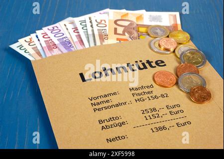 Lohntüte mit Euro Eine Lohntüte mit vielen Euro Banknoten und mit der Berechnung von brutto und netto *** pacchetto di pagamento con euro Un pacchetto di pagamento con molti Foto Stock