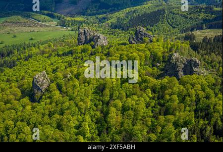 Vista aerea, Bruchhauser Steine, punto di riferimento nel paesaggio collinare boscoso, quattro rocce chiamate Ravenstein, Goldstein, Bornstein e Feldstein con croce sulla cima Foto Stock