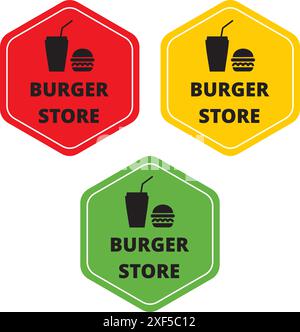 Burger Store: Banner colorati con testo su sfondo bianco Illustrazione Vettoriale