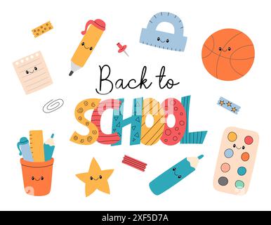 Set di vettori Back to School. Illustrazione per il primo giorno di scuola. Una bella composizione di forniture per ufficio. Strani elementi di cancelleria. Colorato disegnato a mano Illustrazione Vettoriale