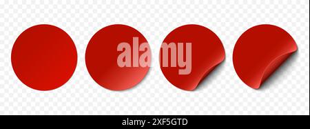 Adesivi di carta realistici rossi vettoriali, etichette dei prezzi isolate su sfondo trasparente. Set di adesivi rotondi curvi con angolo rosso e ombre morbide. 3D. Illustrazione Vettoriale