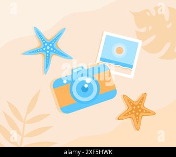 Fotocamera con cartolina fotografica stampata e stelle marine sulla sabbia della spiaggia, vista dall'alto. Illustrazione vettoriale piatta Illustrazione Vettoriale