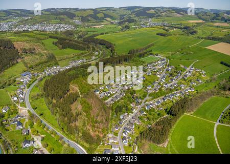 Vista aerea, zona residenziale di Sonnenhang, quartiere con vista sul quartiere Gleidorf, circondato da prati e campi, campo sportivo di Gleidorf, via an der Gleie Foto Stock