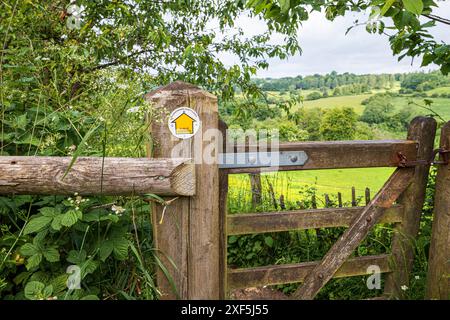 Una freccia gialla indicante un percorso pedonale pubblico nei Cotswolds vicino a Nashend, Gloucestershire, Inghilterra, Regno Unito Foto Stock