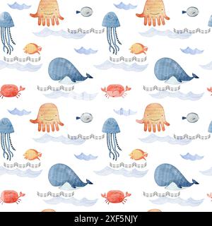 Acquerello senza cuciture con creature marine. Illustrazione nautica. Foto Stock